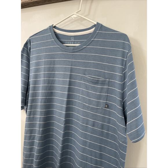 New Free Fly Bamboo Channel Short Sleeve Pocket Tee Blue White Stripe Size Large - Picture 2 of 3